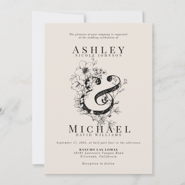 FLORAL AMPERSAND Hand Drawn Blush Wedding Invitation (Front)