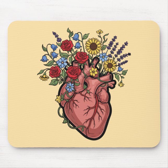 Floral Anatomical Heart Illustration Mouse Pad (Front)