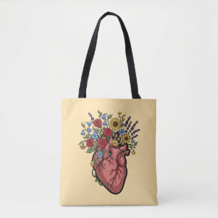 Floral Anatomical Heart Illustration Tote Bag