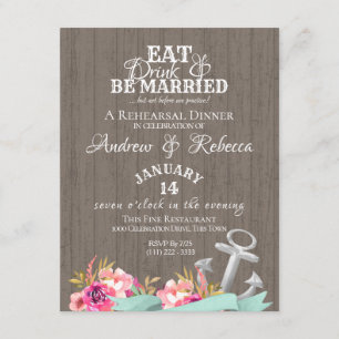 Floral Anchor and Shiplap Beach Wedding Rehearsal Invitation