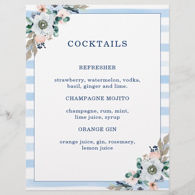 Floral Anchor Beach Wedding Cocktail Menu (Front)