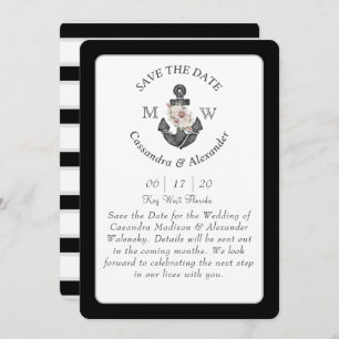 Floral Anchor Black White Grey Nautical Wedding Invitation