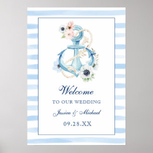 Floral Anchor Blue Stripes Beach Wedding Welcome Poster