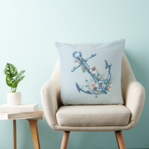 Floral Anchor - Blue with Flowers Throw Pillow