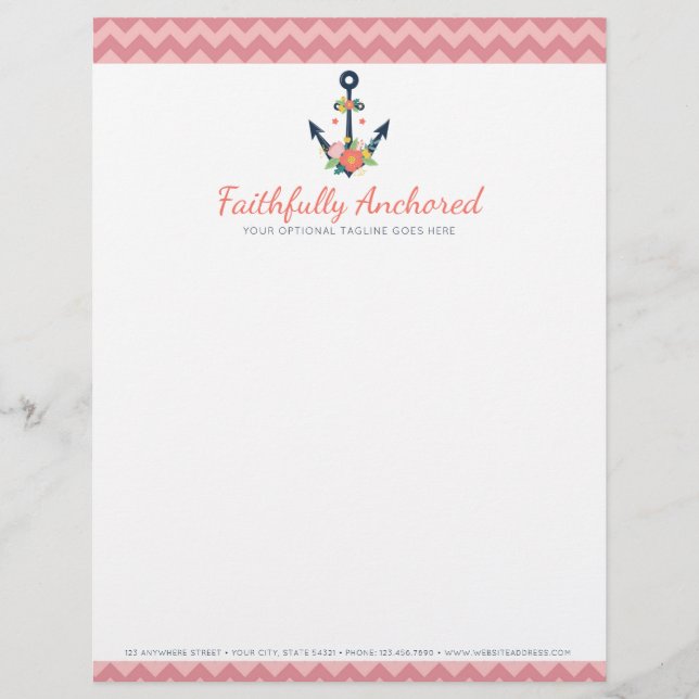 Floral Anchor Nautical Faith Navy & Coral Chevron Personalised Letterhead (Front)