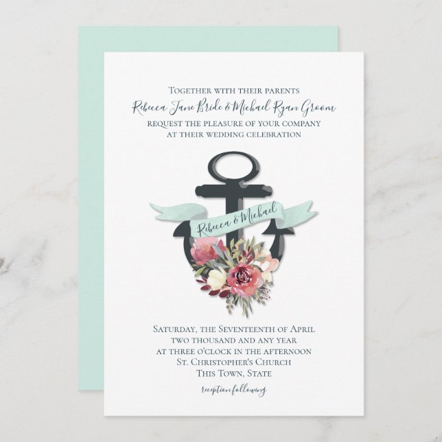 Floral Anchor Nautical Watercolor Wedding Invitation (Front/Back)
