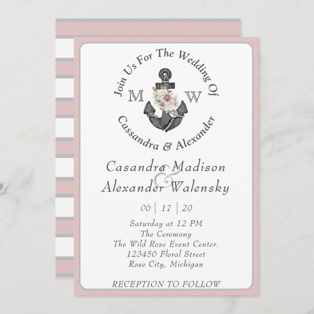 Floral Anchor Nautical Wedding Dusty Rose Striped Invitation (Front/Back)