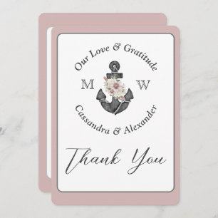 Floral Anchor Nautical Wedding Dusty Rose Thank You Card