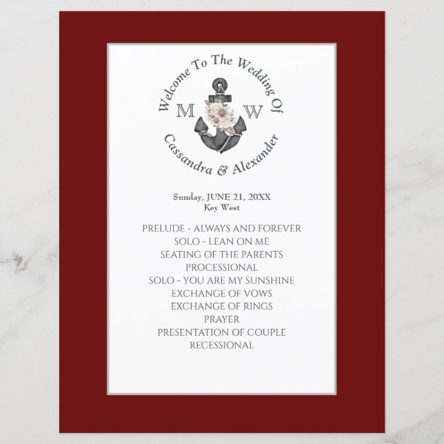 Floral Anchor Nautical Wedding Maroon Red Program (Front)