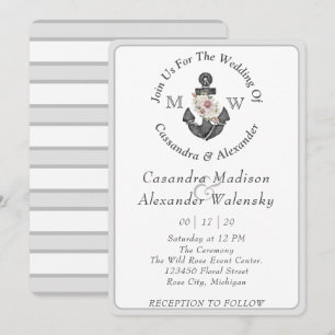 Floral Anchor Nautical Wedding Silver Grey Stripe Invitation