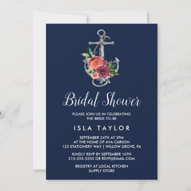 Floral Anchor | Navy Autumn Bridal Shower Invitation (Front)