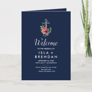 Floral Anchor Navy Autumn Folded Wedding Program Programme