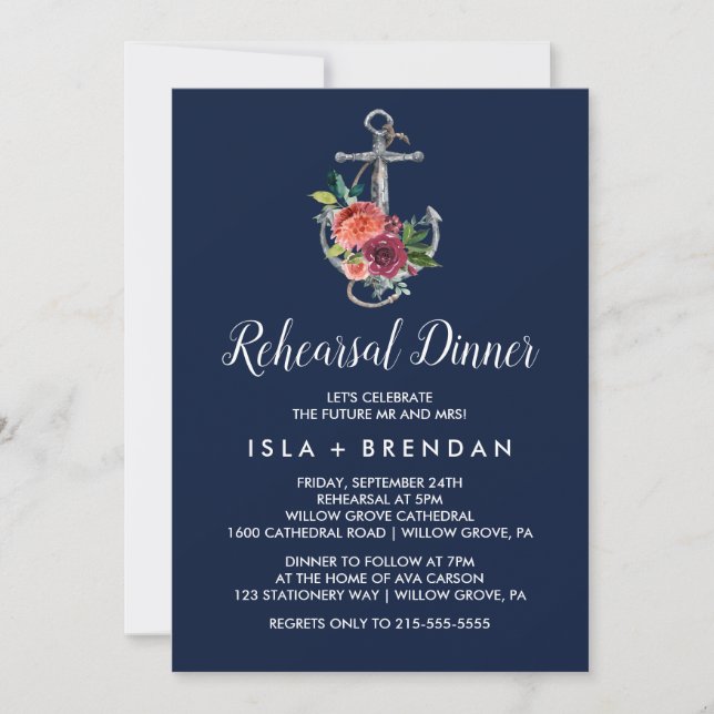 Floral Anchor | Navy Autumn Rehearsal Dinner Invitation (Front)
