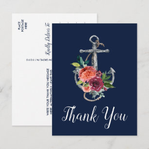 Floral Anchor Navy Autumn Thank You Postcard