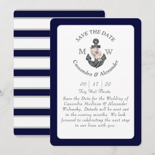 Floral Anchor Navy Blue White Nautical Wedding  Invitation