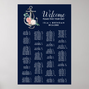 Floral Anchor Navy Summer Alphabetical Table Plan Poster