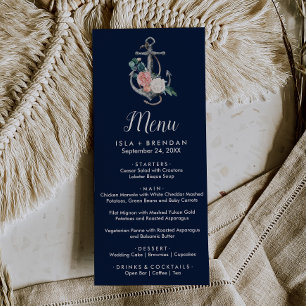 Floral Anchor   Navy Summer Dinner Menu Card