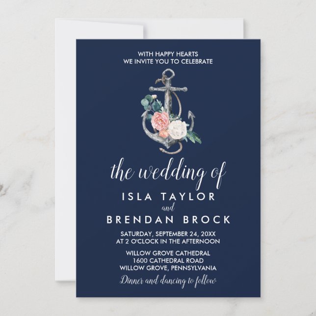Floral Anchor | Navy Summer The Wedding Of Invitation (Front)