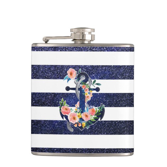 Floral anchor on striped background hip flask (Front)