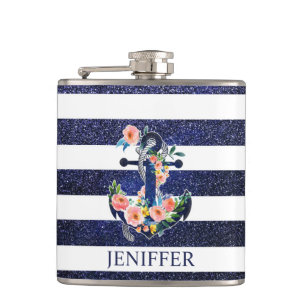 Floral anchor on striped background hip flask