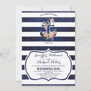 Floral anchor on striped wedding  invitation