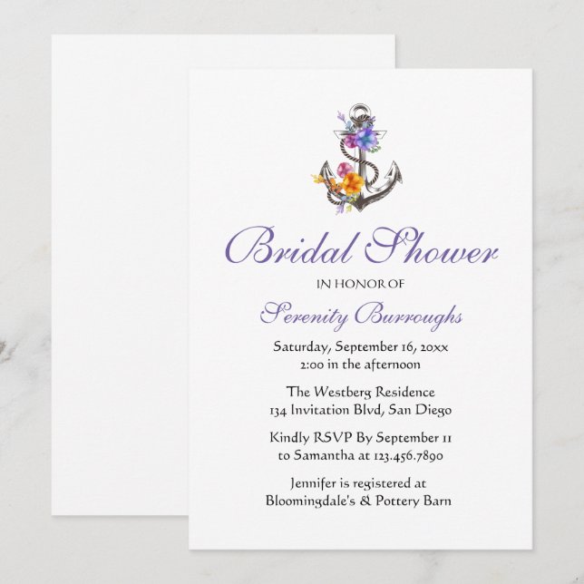 Floral Anchor Purple Beach Nautical Bridal Shower  Invitation (Front/Back)