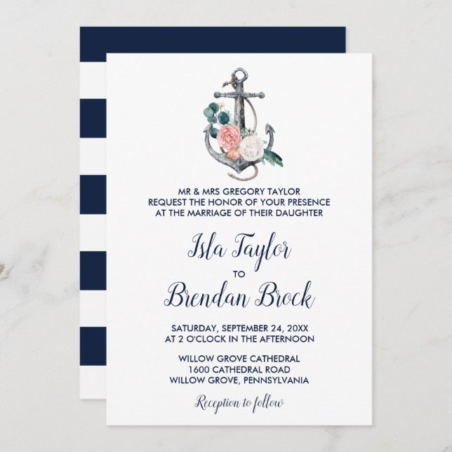 Floral Anchor | Summer Formal Wedding Invitation (Front/Back)