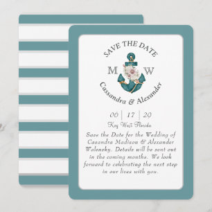 Floral Anchor Teal Aqua Blue Nautical Wedding  Invitation
