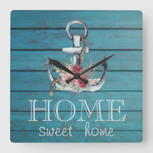 Floral Anchor,Wood ,Home Sweet Home  Square Wall Clock