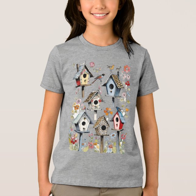Floral And Animal Print Patchwork Birdhouses Tri-Blend Shirt (Front)