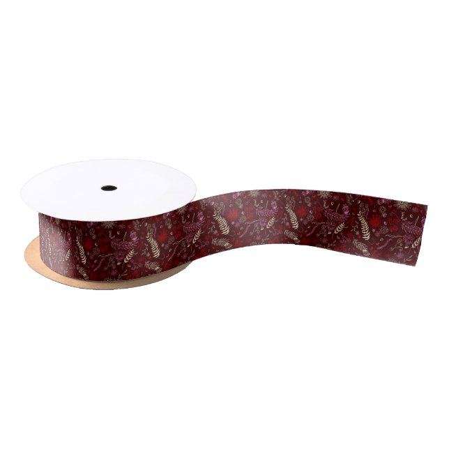 Floral and botanical doodles on maroon. satin ribbon (Spool)