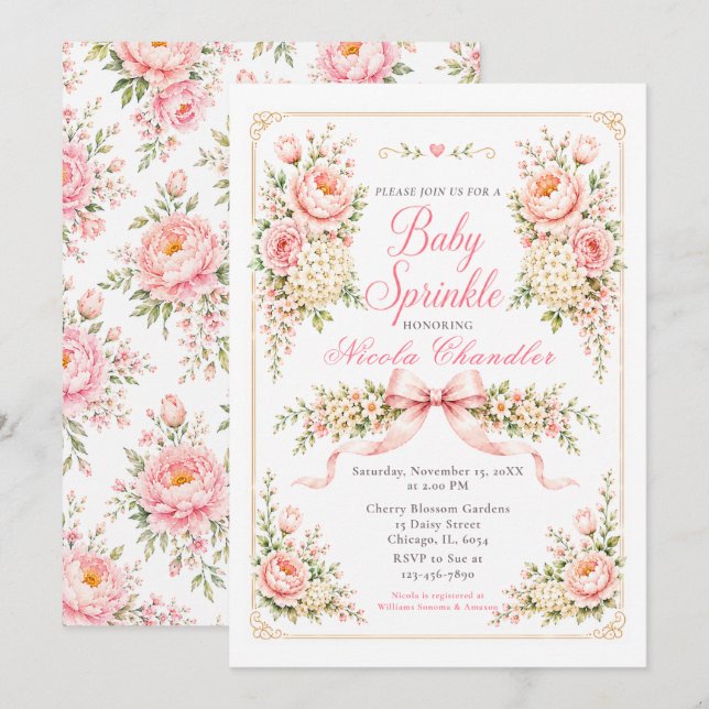Floral and Bow Baby Sprinkle Invitation (Front/Back)