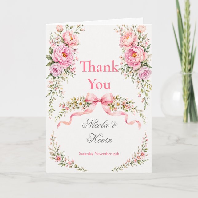 Floral and bow Wedding Thank You Card (Front)