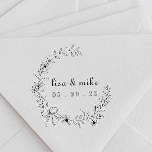 Floral and Bow Wreath Custom Couple Names Wedding Rubber Stamp