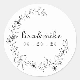 Floral and Bow Wreath Wedding Classic Round Sticker