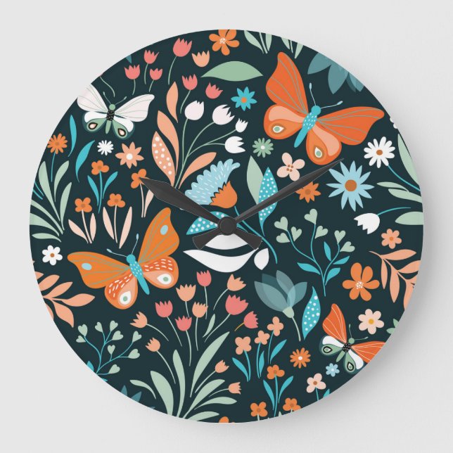 Floral and butterflies, decorative seamless patter large clock (Front)