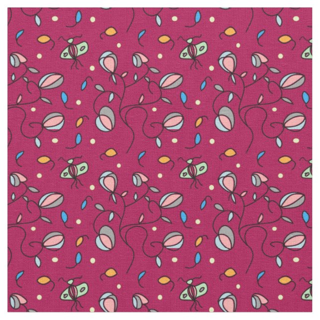 Floral and butterfly funny seamless pattern -pink fabric (Close Up)