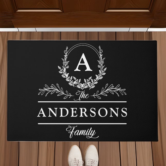 Floral and Classy Personalised Family Name Black Doormat (Creator Uploaded)