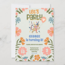 Floral and funny cat kid's birthday invitation
