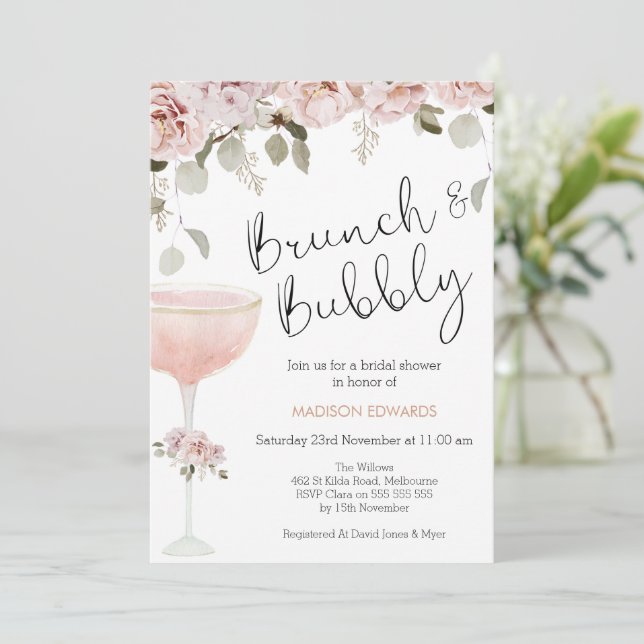Floral and Glass Brunch Bubbly Bridal Shower Invitation (Standing Front)