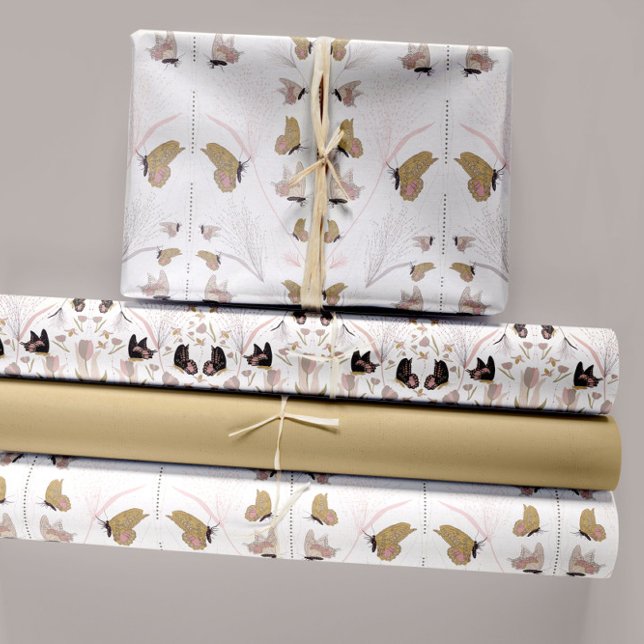 Floral And Gold Butterflies Decoupage Wrapping Paper Sheet (Elegant Gold Black Butterflies Bees Pink Tulips Wrapping Paper Sheets. Jenn Steffen-Studio Posies)