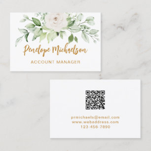 Floral and Greenery Gold Script with QR Code White Business Card