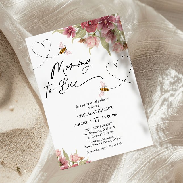 Floral And Hearts Mommy To Bee Baby Shower Invitation (Mommy To Bee baby Shower Invitation, Floral Bee baby Shower Invite, Bee And hearts, Bee Themed Girl)