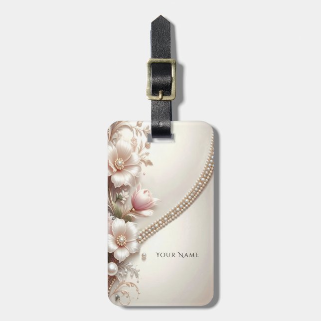 Floral and Pearl Embellishments Luggage Tag (Front Vertical)