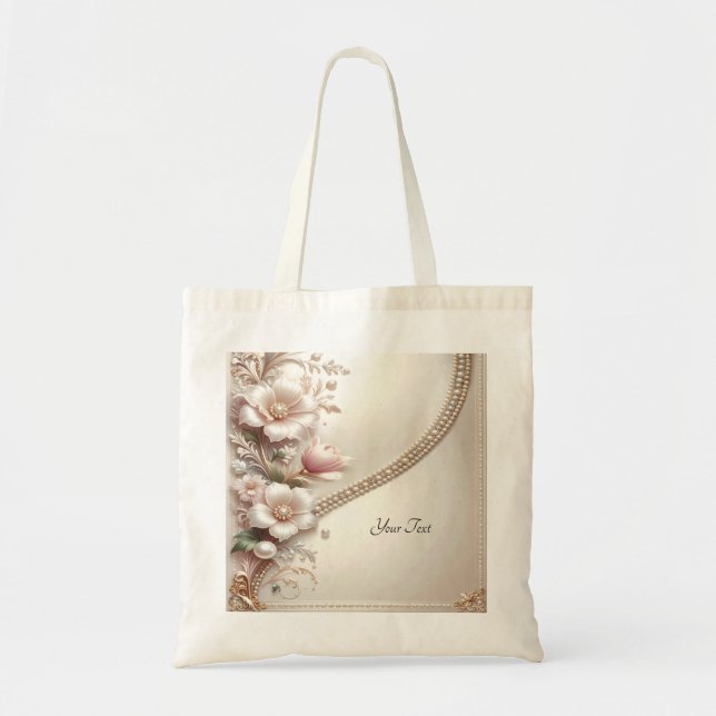 Floral and Pearl Embellishments Tote Bag (Front)