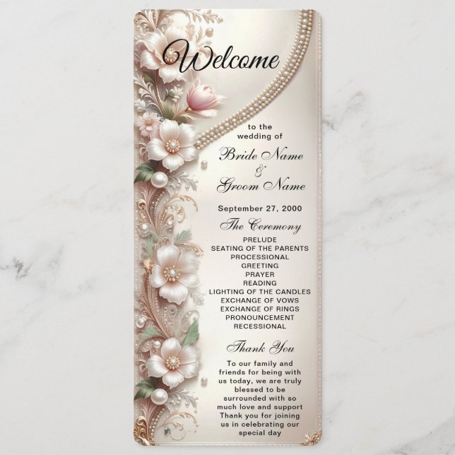 Floral and Pearl Embellishments Wedding Programme (Front)