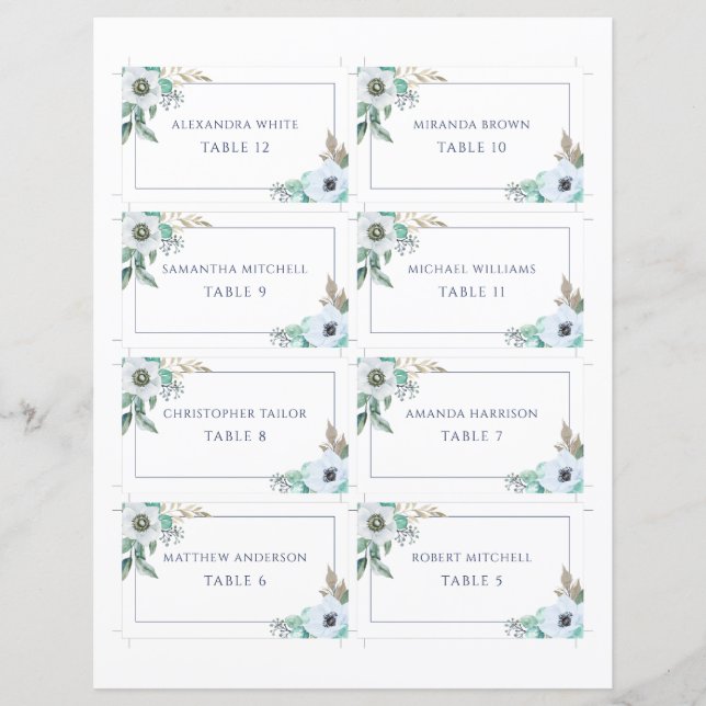 Floral Anemone Elegant Wedding Place Card (Front)