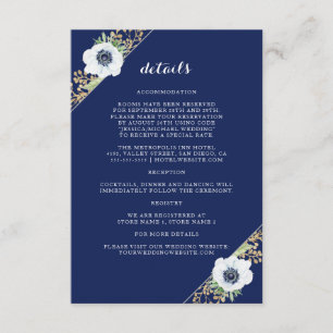 Floral Anemone Navy Blue Monogram Wedding Details Enclosure Card