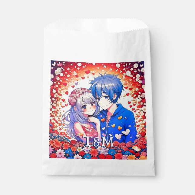Floral Anime Themed Personalised Wedding Favour Bags (Front)