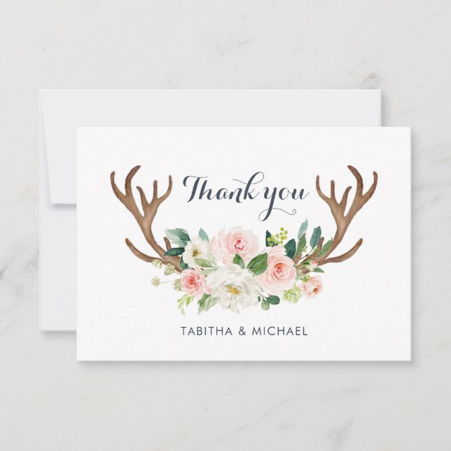 Floral Antler Blush Boho Rustic Thank You Card (Front)